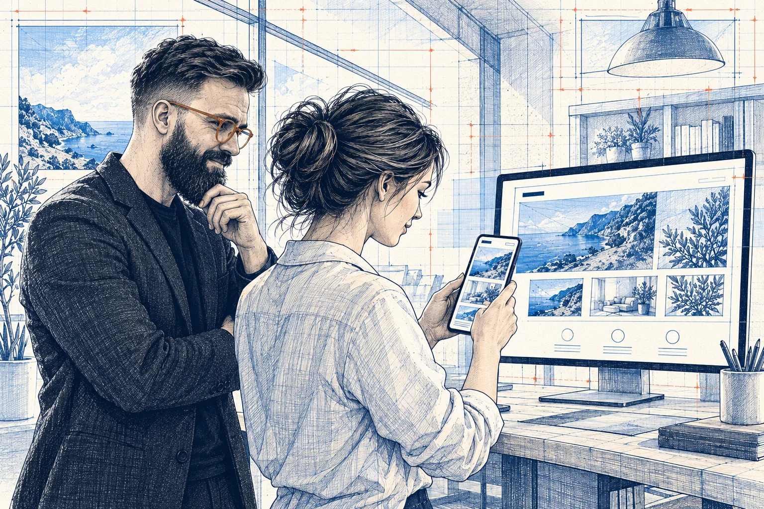 Klientka sprawdza gotową stronę na telefonie przy wsparciu Kamila.