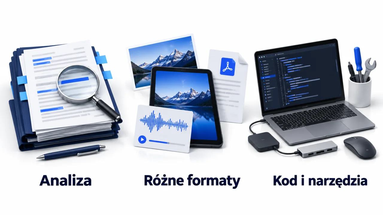 Trzy obszary pracy z AI: analiza dokumentów, różne formaty materiałów oraz kod i narzędzia.