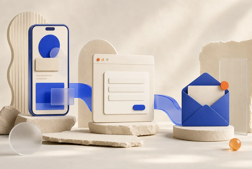 Koncepcyjna ilustracja telefonu z reklamą, formularza i wiadomości e-mail