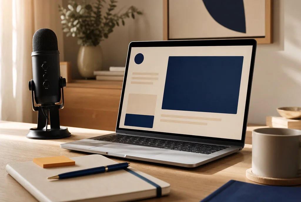 Ilustracyjna scena przygotowania webinaru: laptop, mikrofon i notatnik
