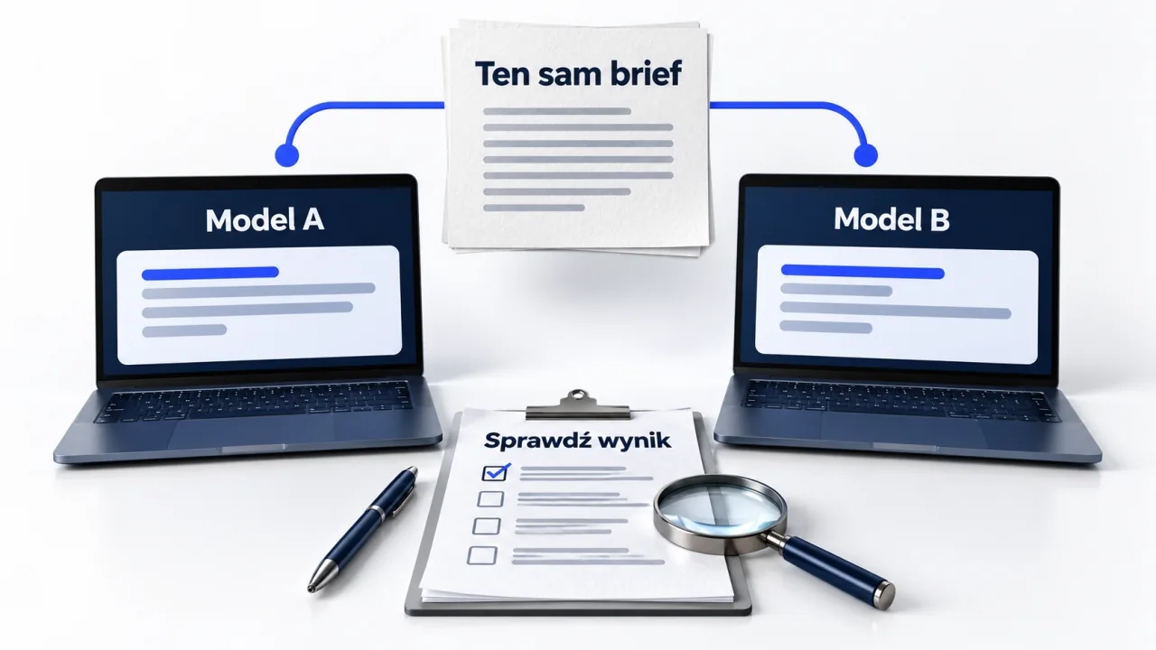 Ten sam brief trafia do modeli A i B, a ich odpowiedzi są sprawdzane według wspólnych kryteriów.